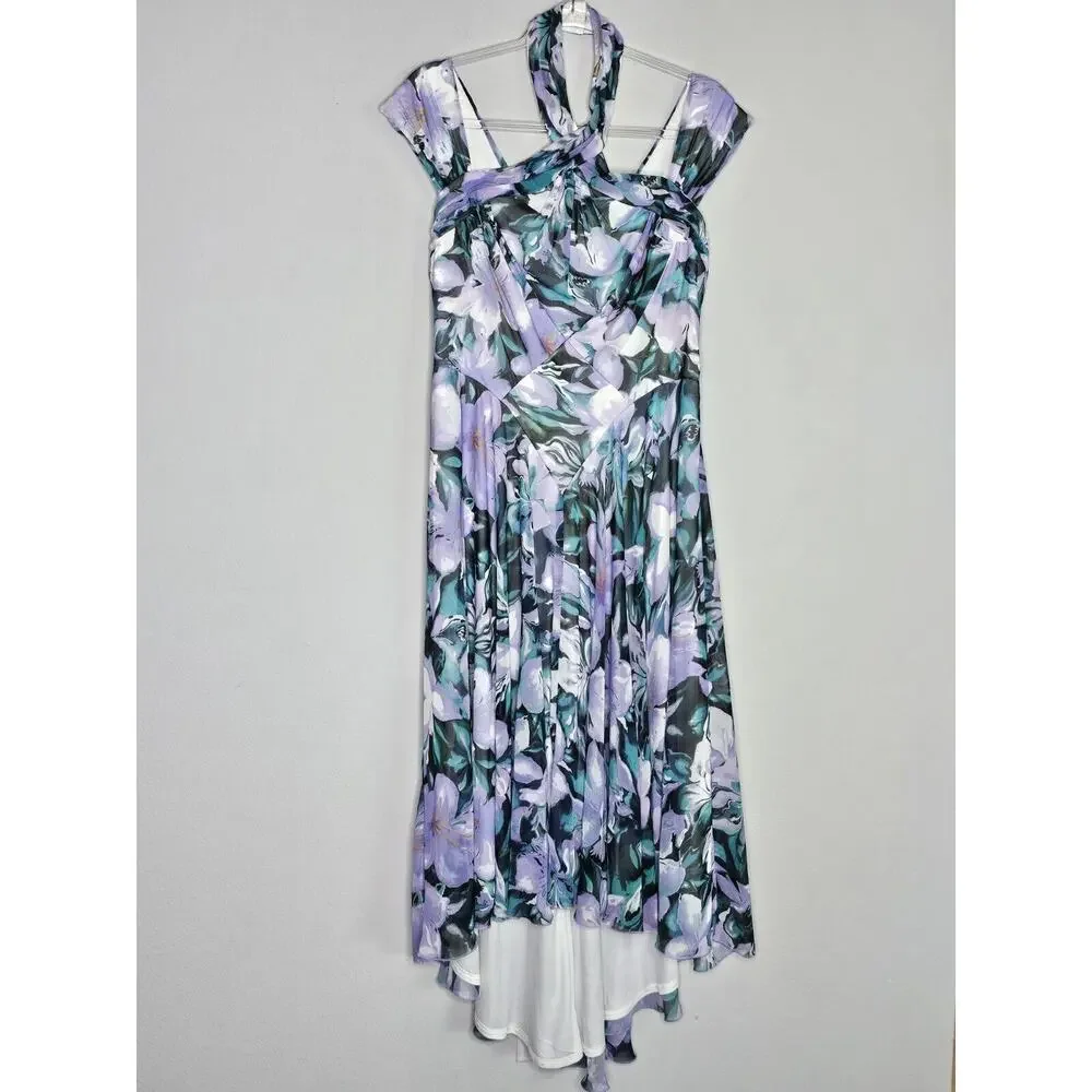 NWT Tadashi Shoji ARLENE CUTOUT HALTER FLORAL MIDI DRESS BUI22121MD Iris Size 12 - Picture 5 of 16
